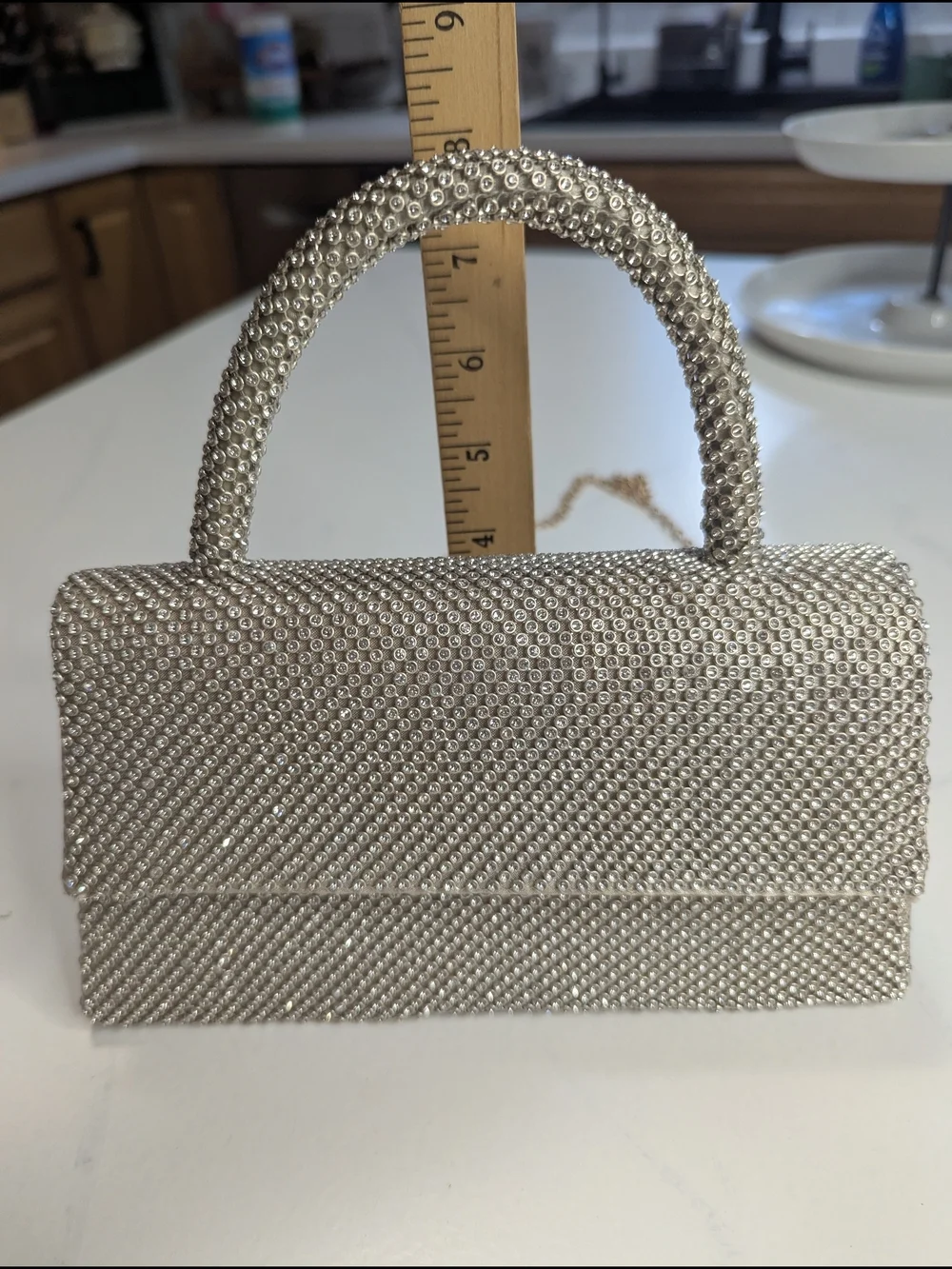 Jessica McClintock Remi Rhinestone Handle Bag Silver W/ Gold Tone Evening Clutch